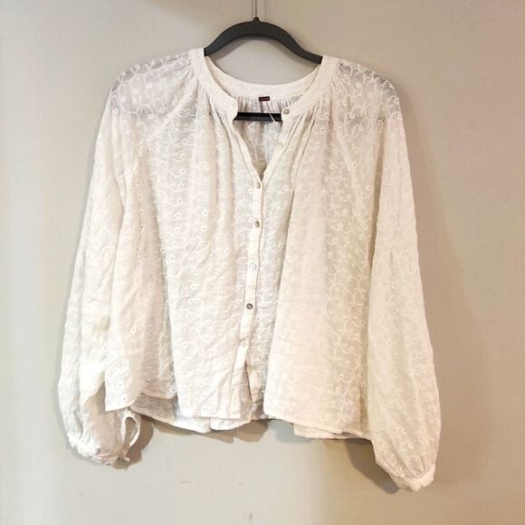 Free people small top embroidered floral peasant blouse white button down lace - Picture 6 of 11